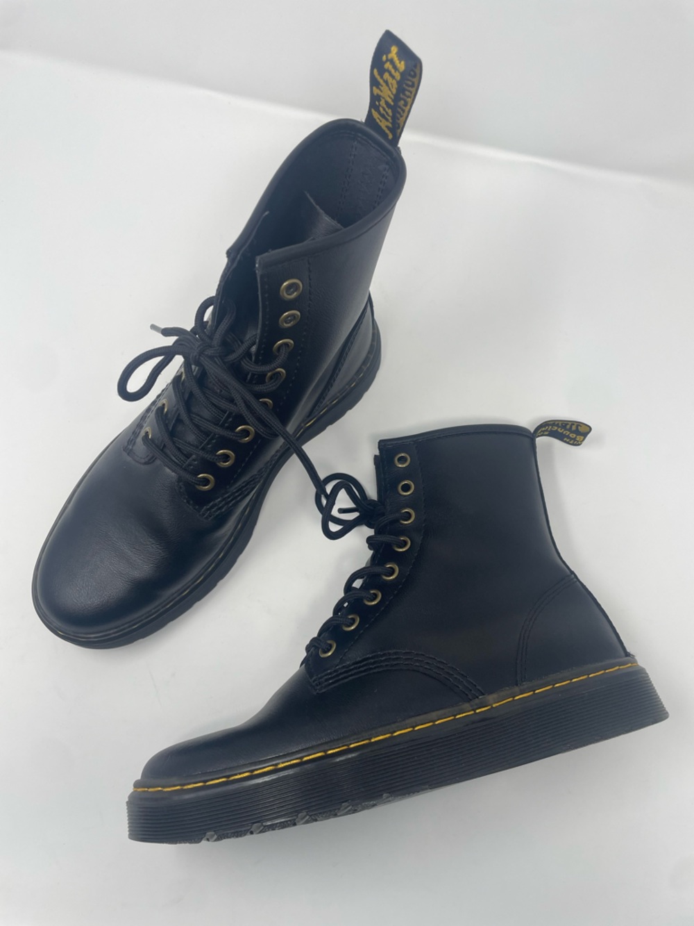 Dr. Martens Black Leather Zavala 8-Eye Lace-Up Boots with Yellow Stitchingy
